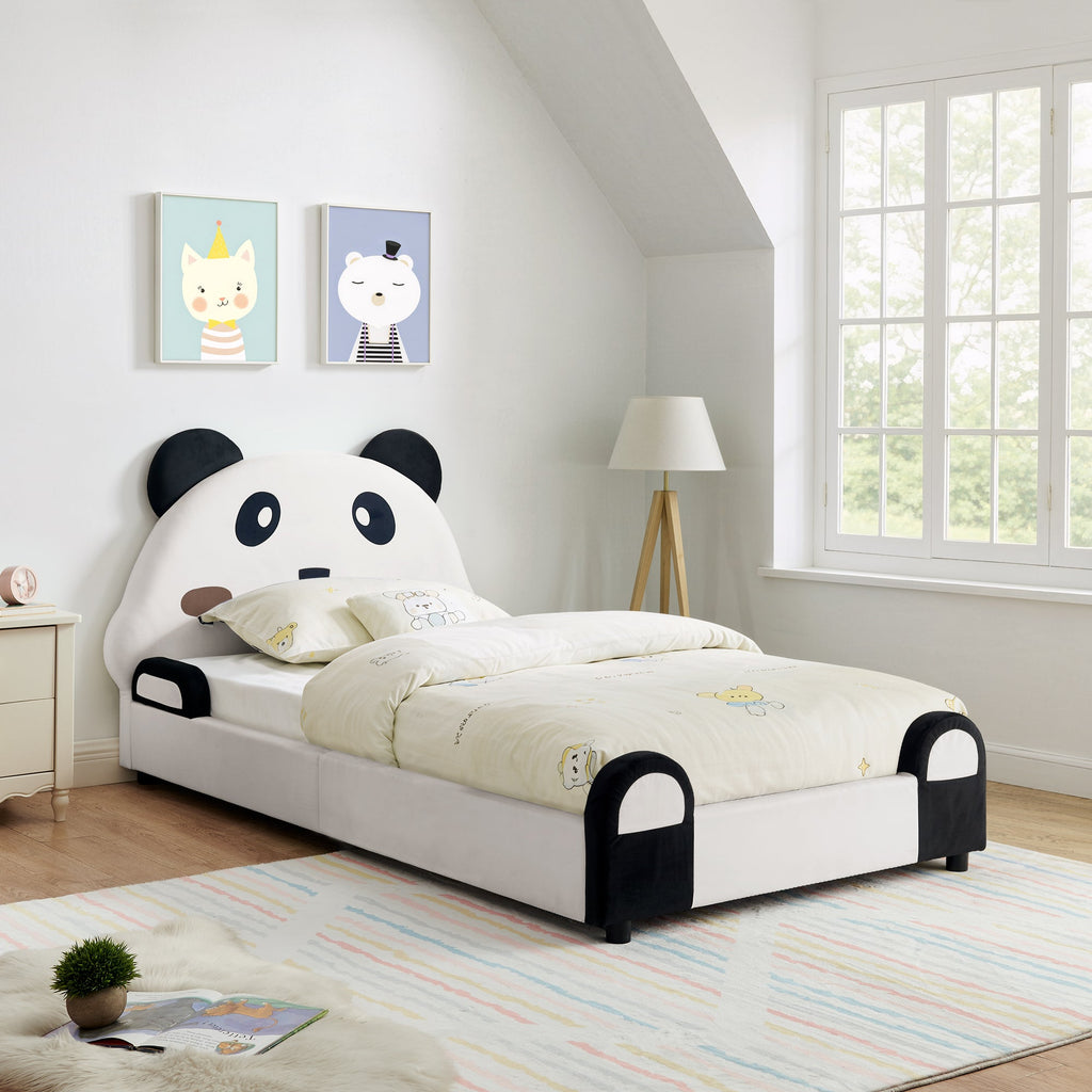 Twin Size Cute Panda-Shaped Kids Bed with Velvet Fabric