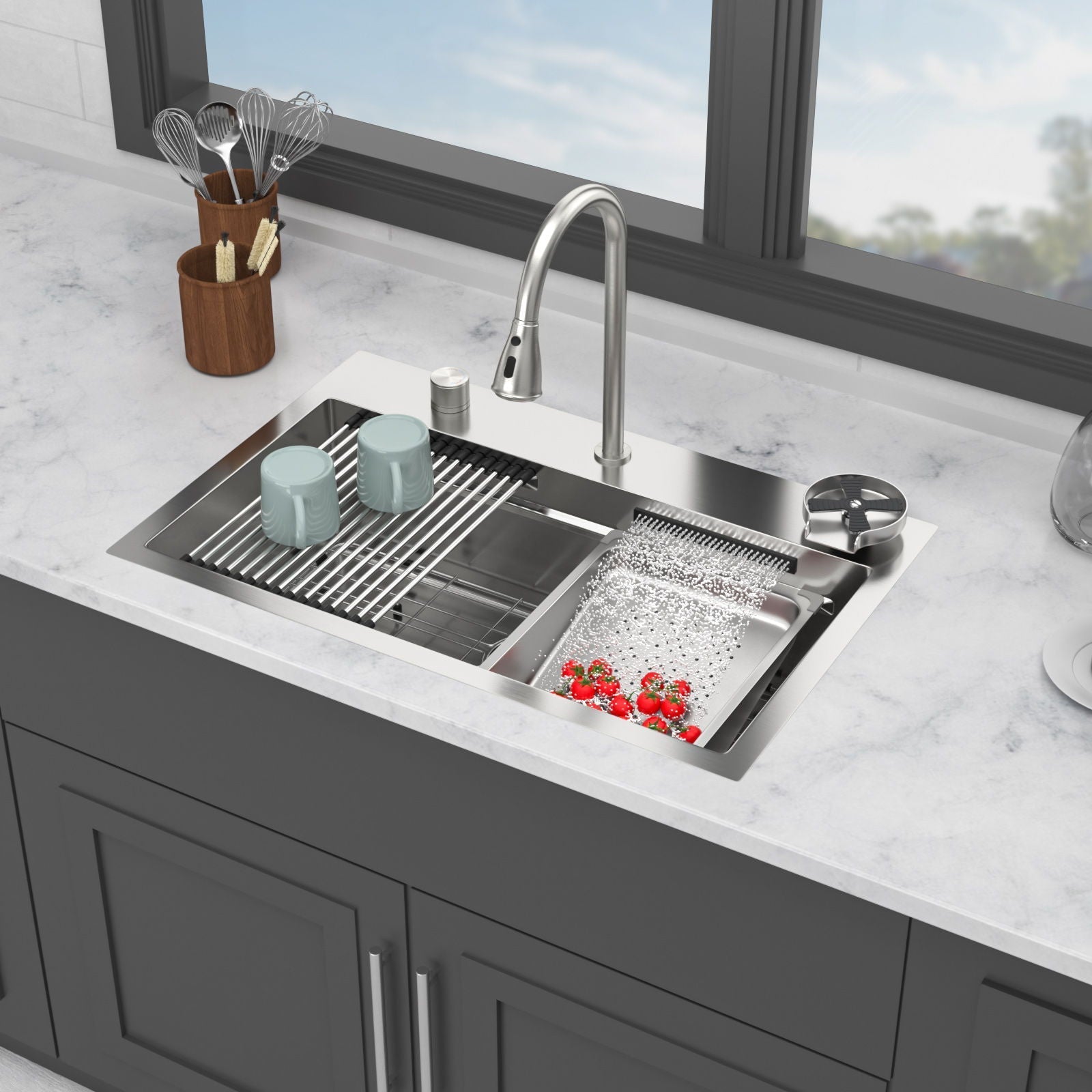 Drop In Waterfall Kitchen Sink With Pull-Out Faucet & Cup Washer