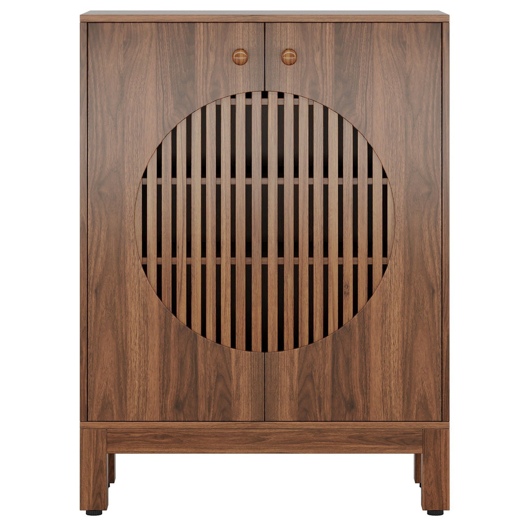 5 Tier Shoe Cabinet With Round Louvered Doors, Storage Organizer - Brown