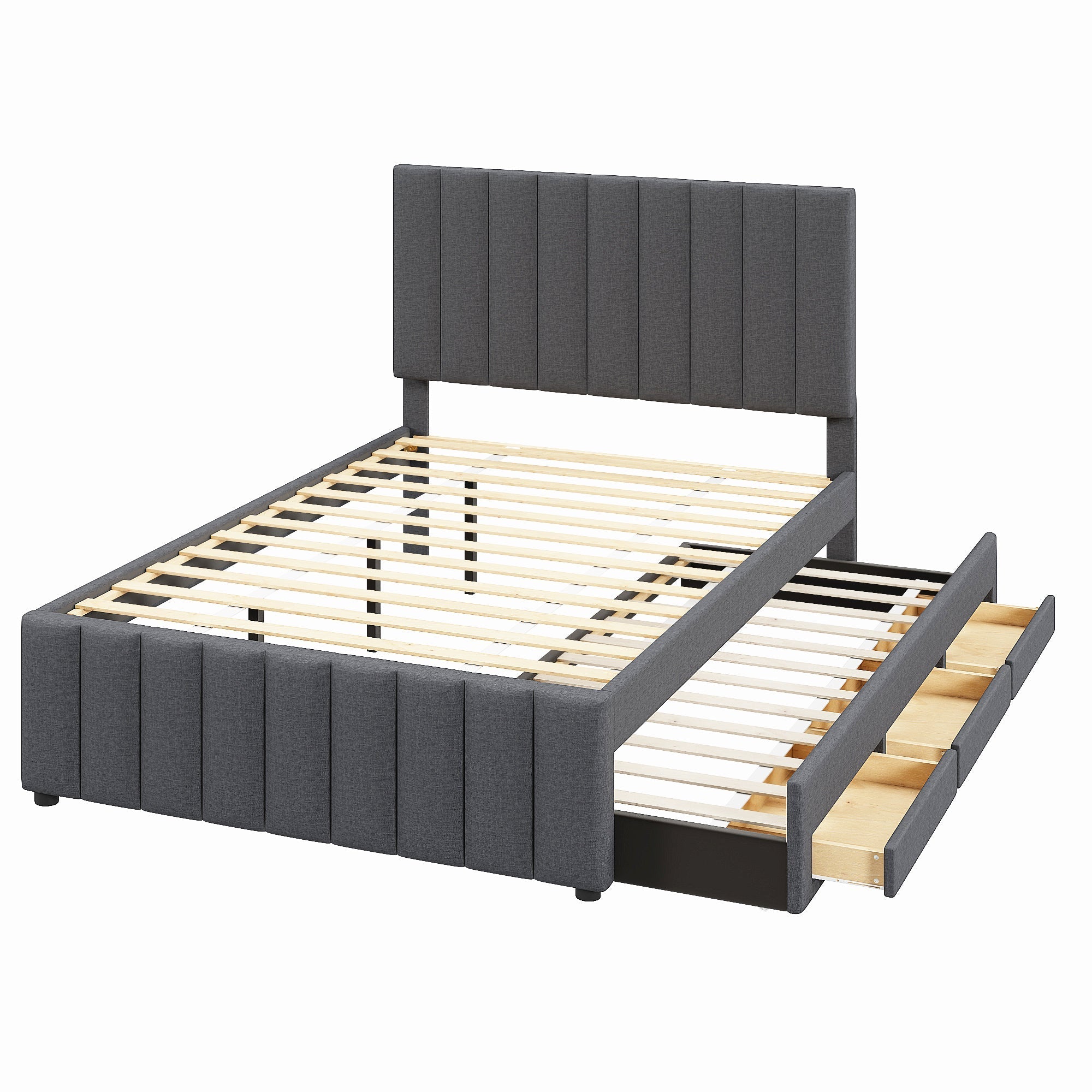 Full Size Upholstered Platform Bed with Twin Size Trundle and 3 Drawers