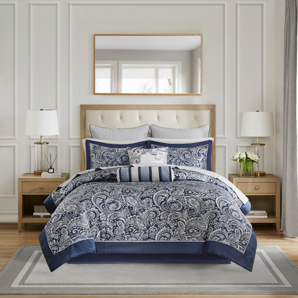 12 Piece Comforter Set with Cotton Bed Sheets Navy Queen