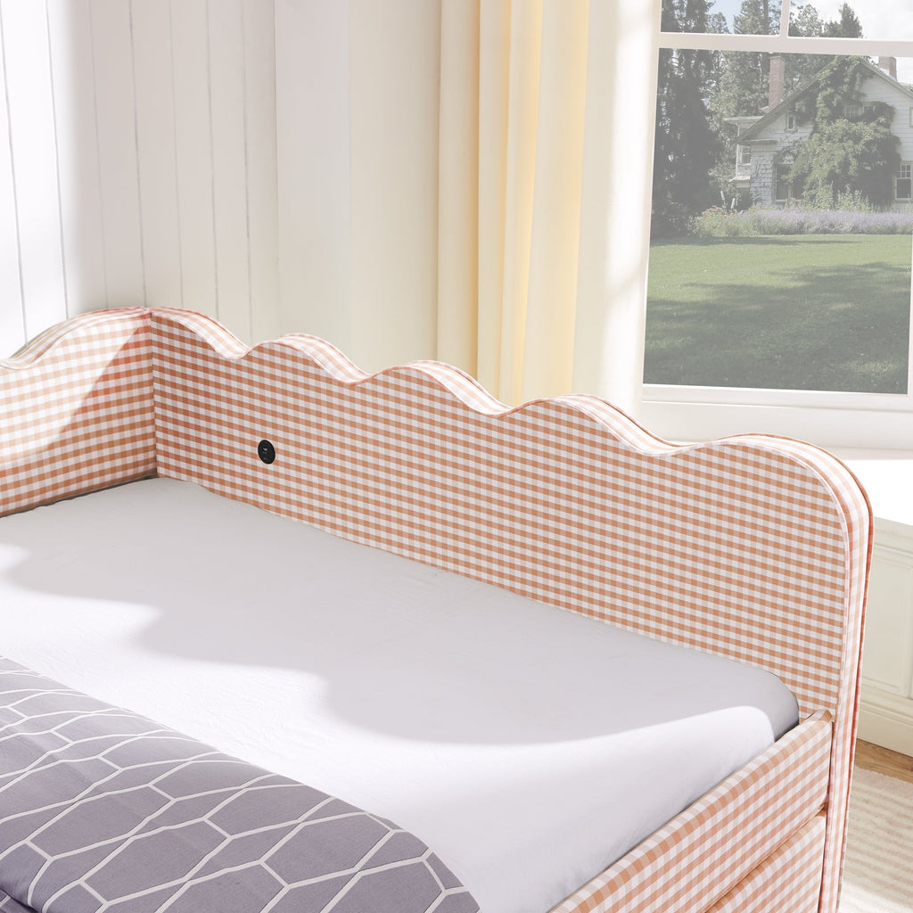 Queen Size Cozy Gingham Daybed with Two Storage Drawers and USB Port