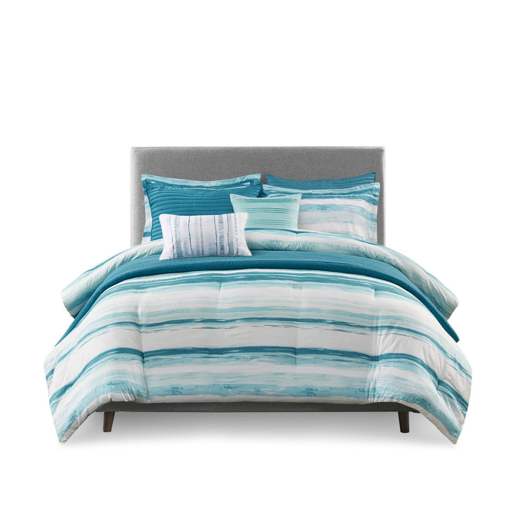 8 Piece Printed Seersucker Comforter and Quilt Set Collection Aqua Full/Queen