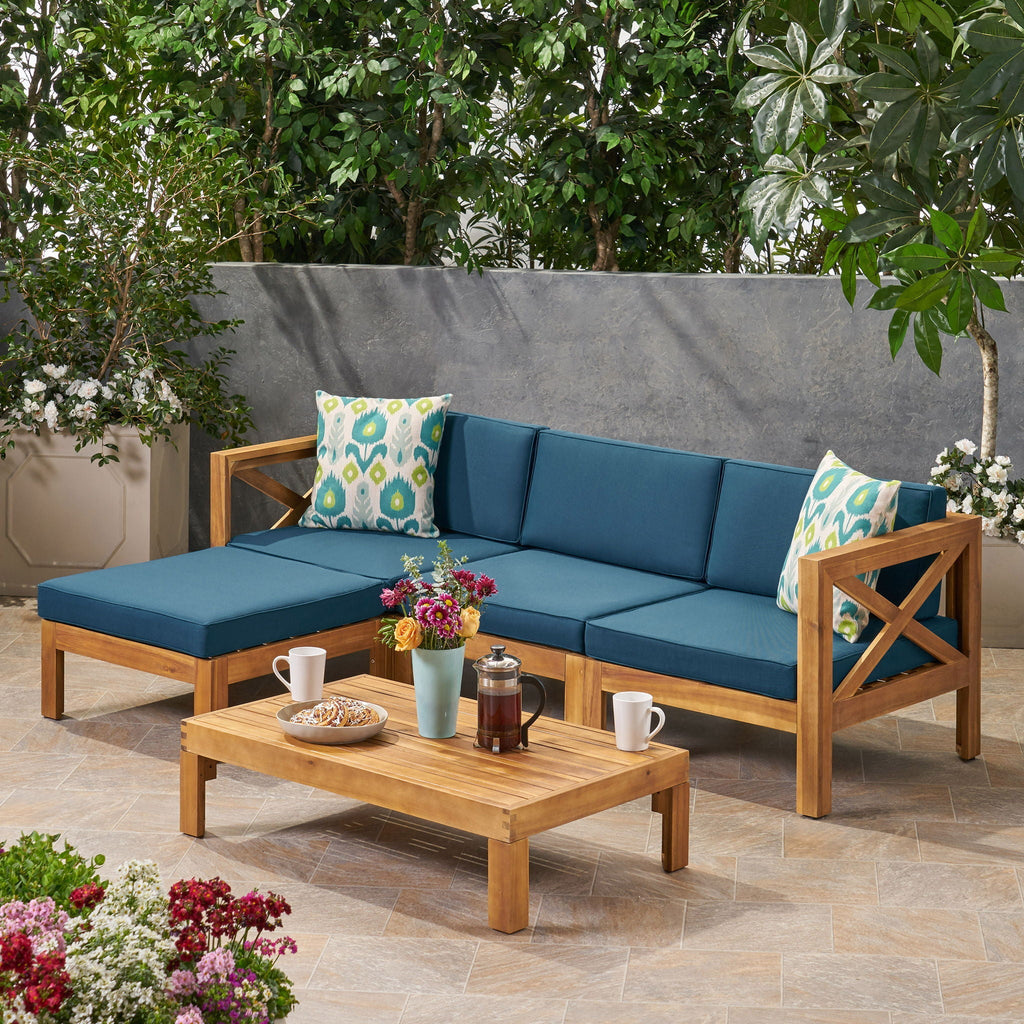 Radiat 5 Piece Outdoor L Shaped Sofa Set with Coffee Table and Water Resistant Cushions - Teak