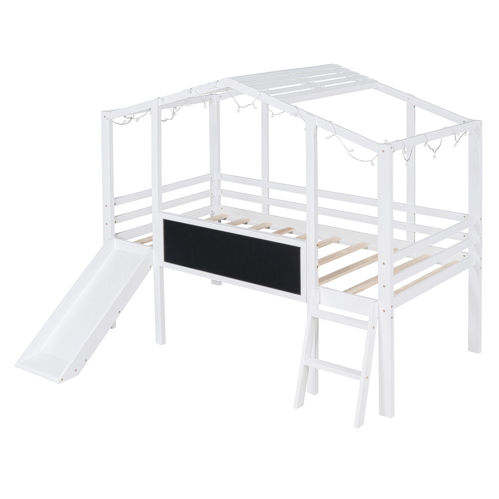 Loft House Bed With Ladder And Slide, With board And Light Strip On The Roof