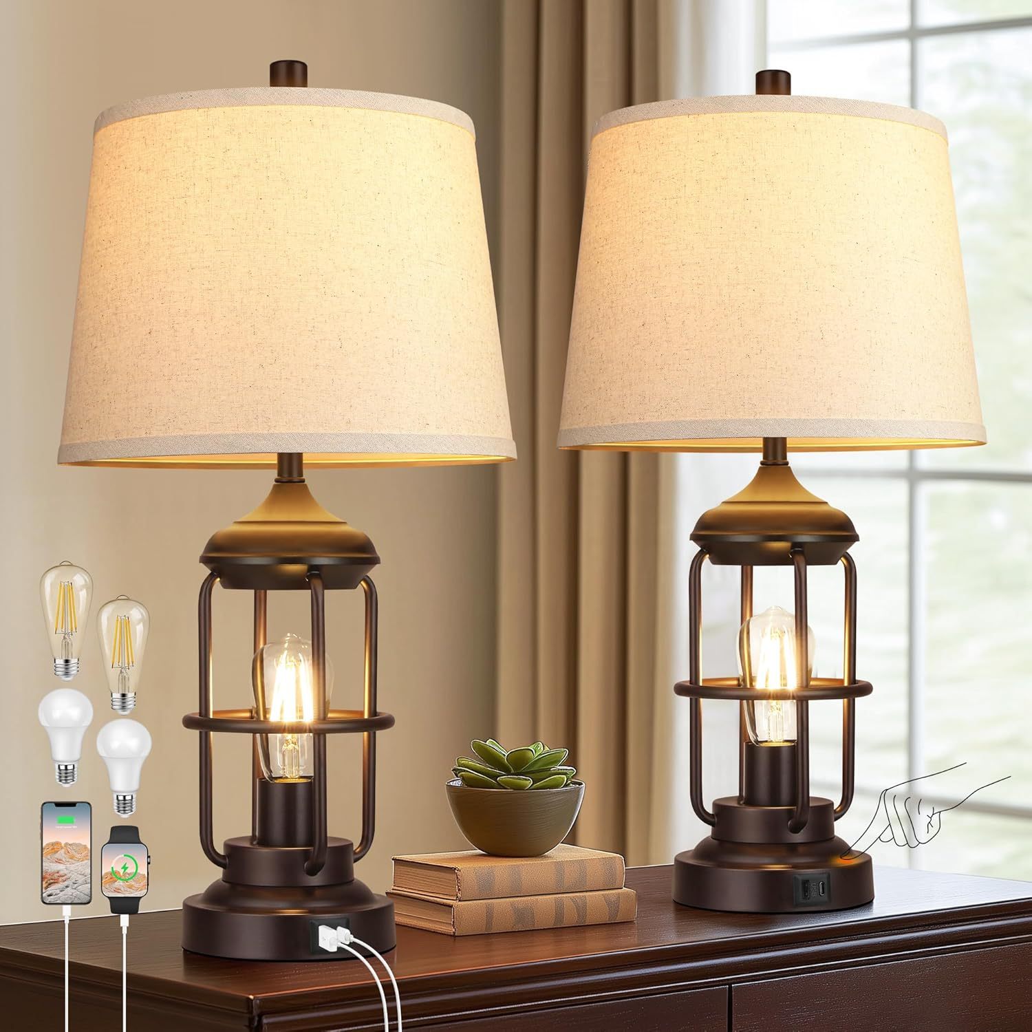 Table Lamp Set of 2 with USB Ports, Touch Control, and 3-Way Dimmable Light