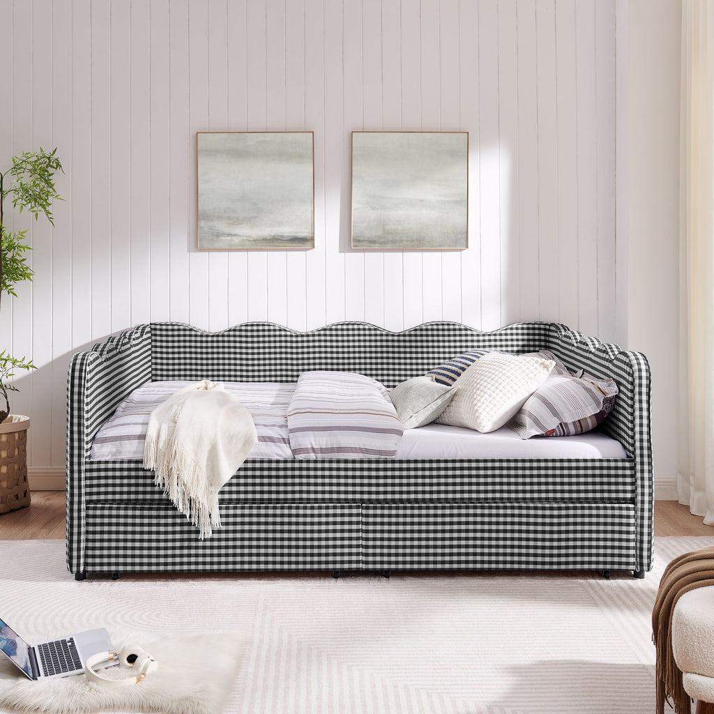 Gingham Daybed With USB Charging Port, Wave-Shaped Design