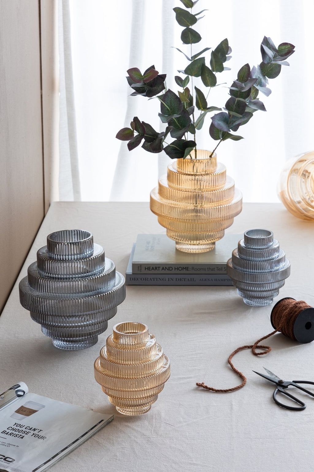 Multi-Tiered Geometric Vase with Smoked Blue Finish, Set of 2