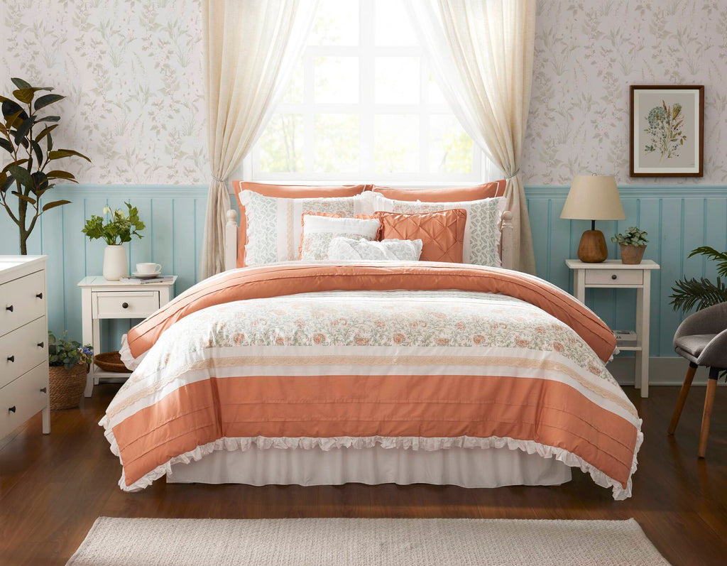 9 Piece Cotton Percale Comforter Set Coral Queen