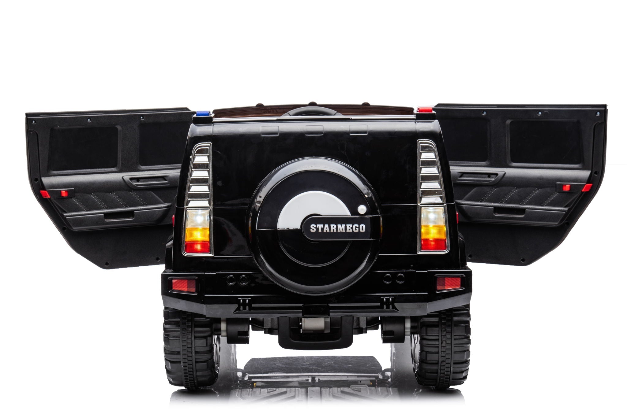 12V7A 30W*2 Four-Wheel Drive Seat One Button Start, Forward And Backward, High And Low Speed, Music, Front Light, Power Display, Two Doors Can Open, 2.4G R / C, Seat Belt Four Wheel Absorber