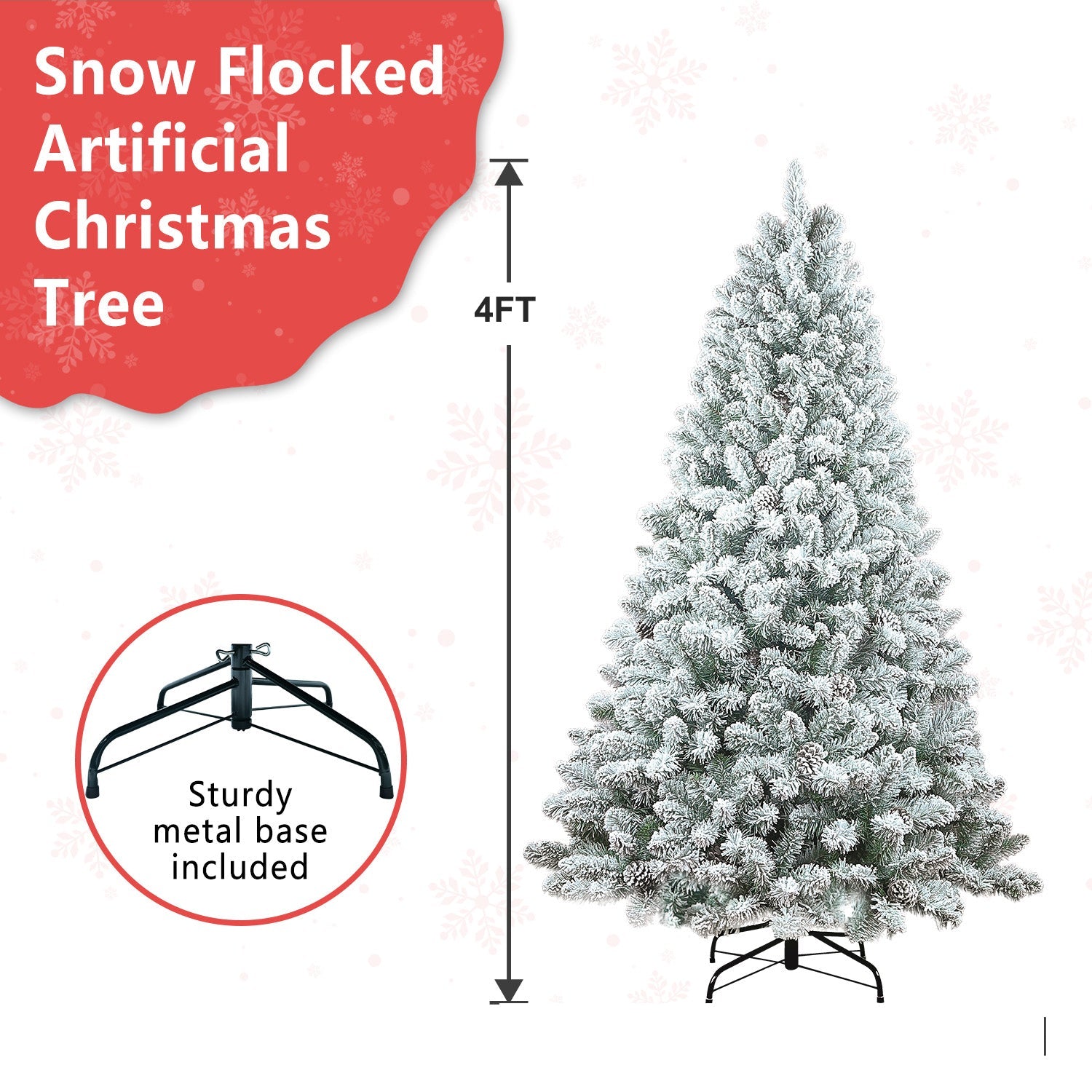 4FT Flocked Christmas Tree with Pine Cones and Snowy PVC Design