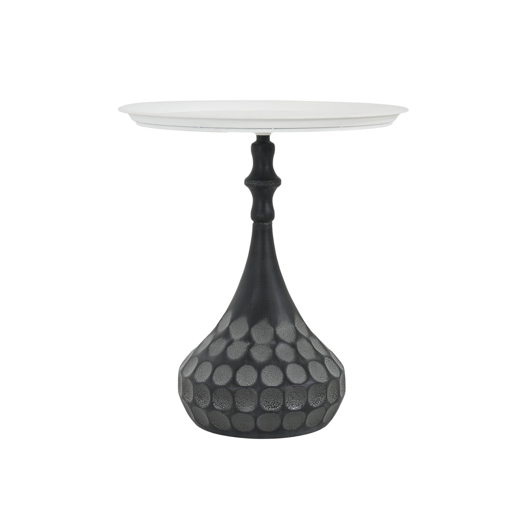 Accent Metal Coffee Table, Pedestal Table for Living Room, Hand-Hammered Texture, White+Black
