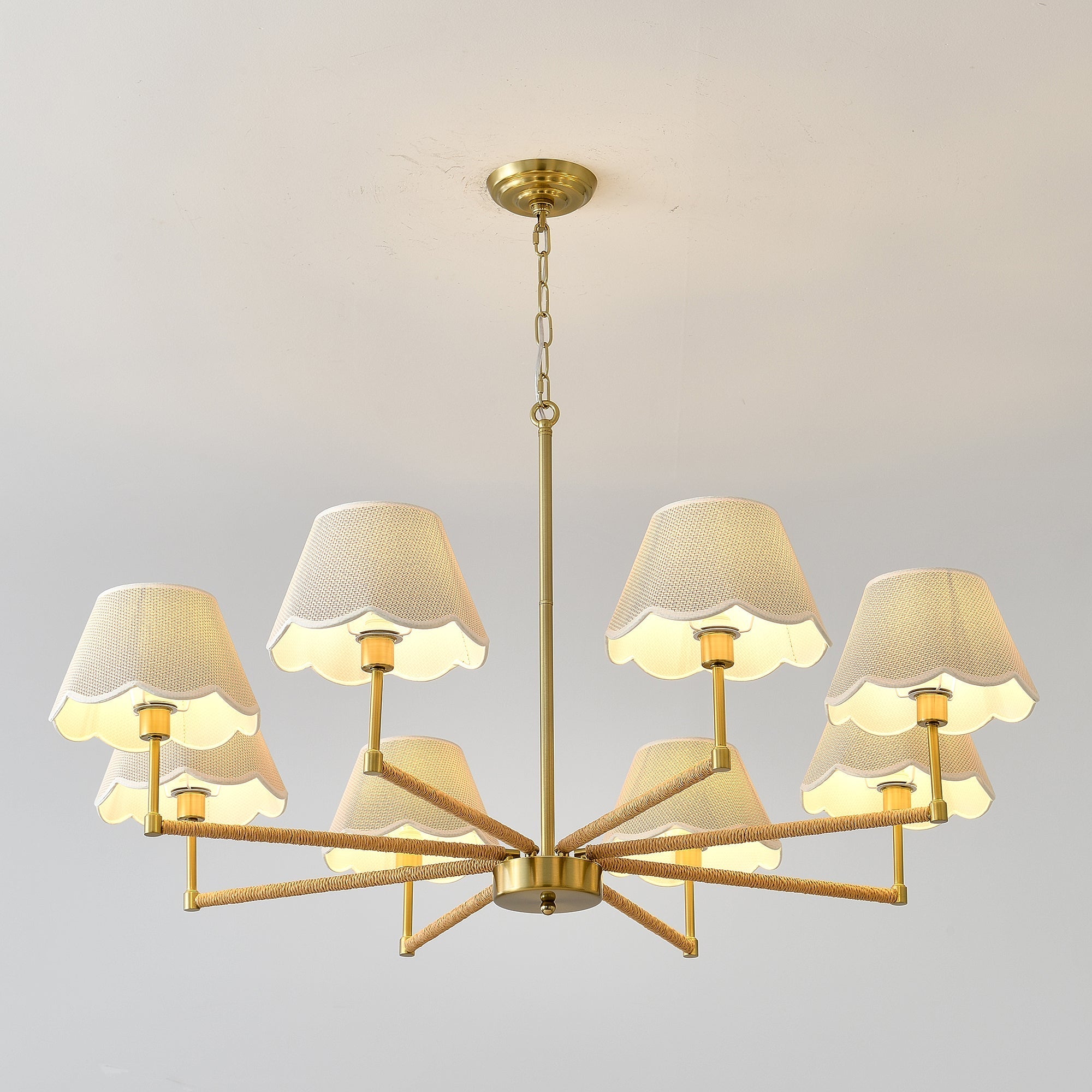 8-Light Rope and Fabric Shade Gold Chandelier