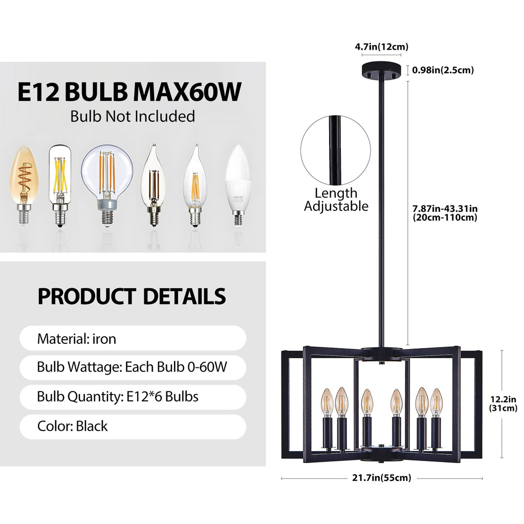 22' Modern Black Geometric 6-Light Chandelier – Industrial Metal Pendant Light Fixture for Living Room, Dining Room, or Kitchen (Bulb Not Included)