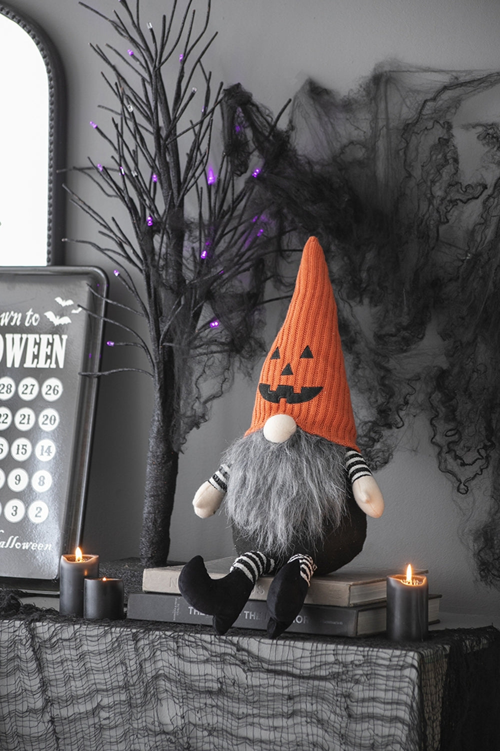 23.5" Seated Jack-O'-Lantern Gnome With Striped Limbs and Faux Fur Beard