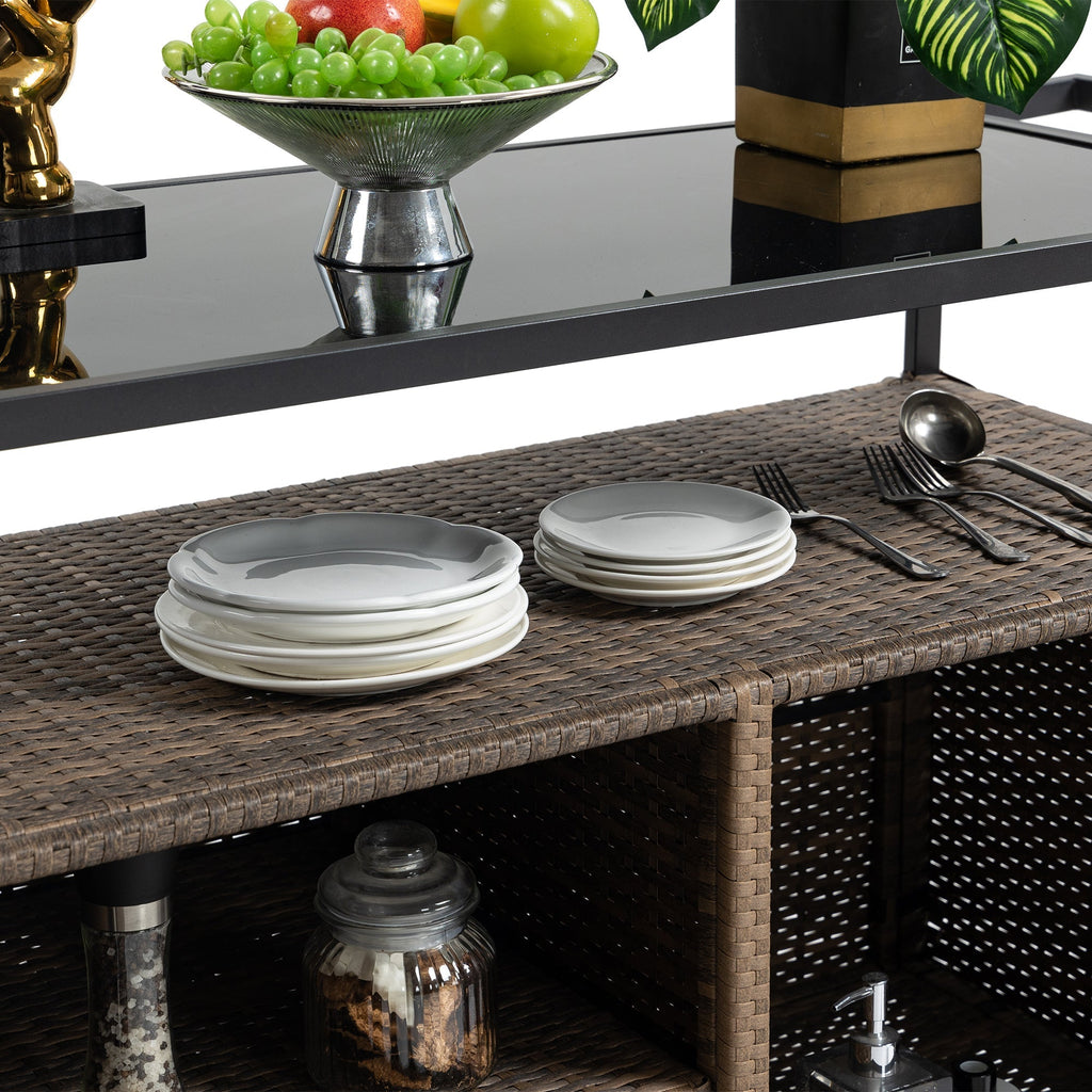 Outdoor Wicker Bar Cart with Glass Top and Wheels
