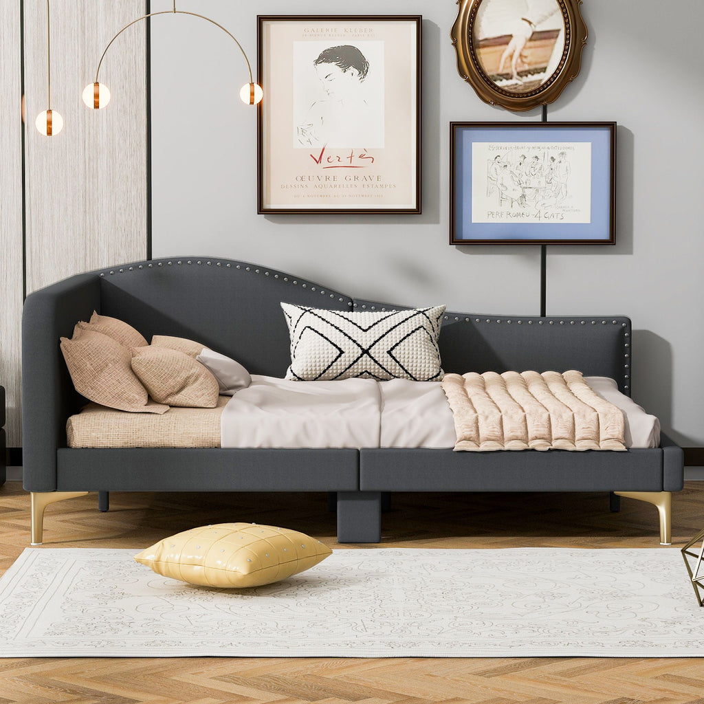 Upholstered Daybed With Headboard And Armrest, Support Legs