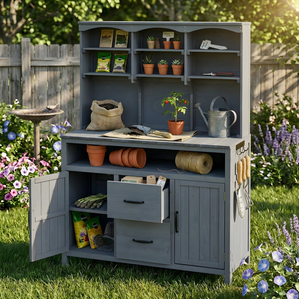 TOPMAX Large Fir Wood Potting Bench with Hutch and Storage