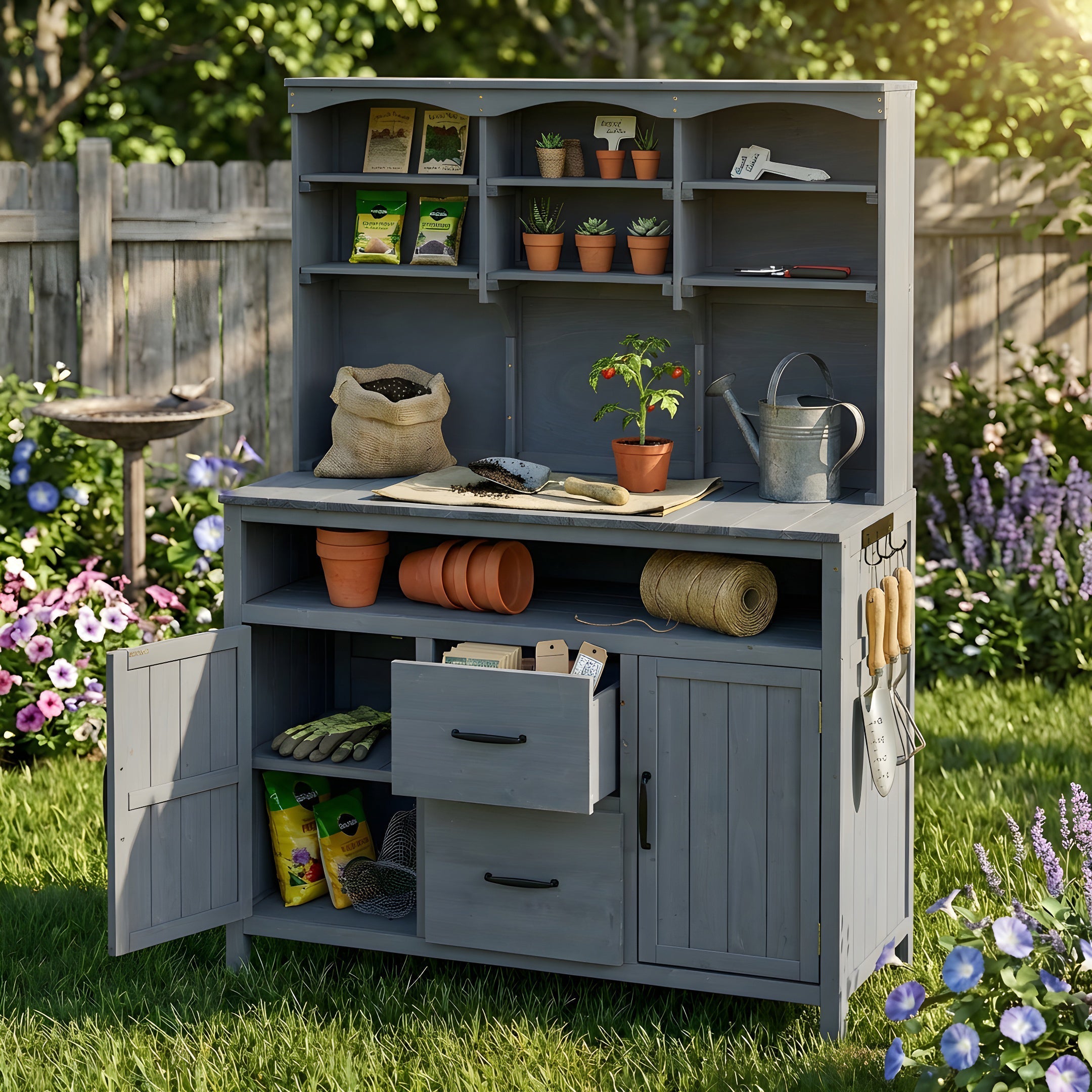 TOPMAX Large Fir Wood Potting Bench with Hutch and Storage