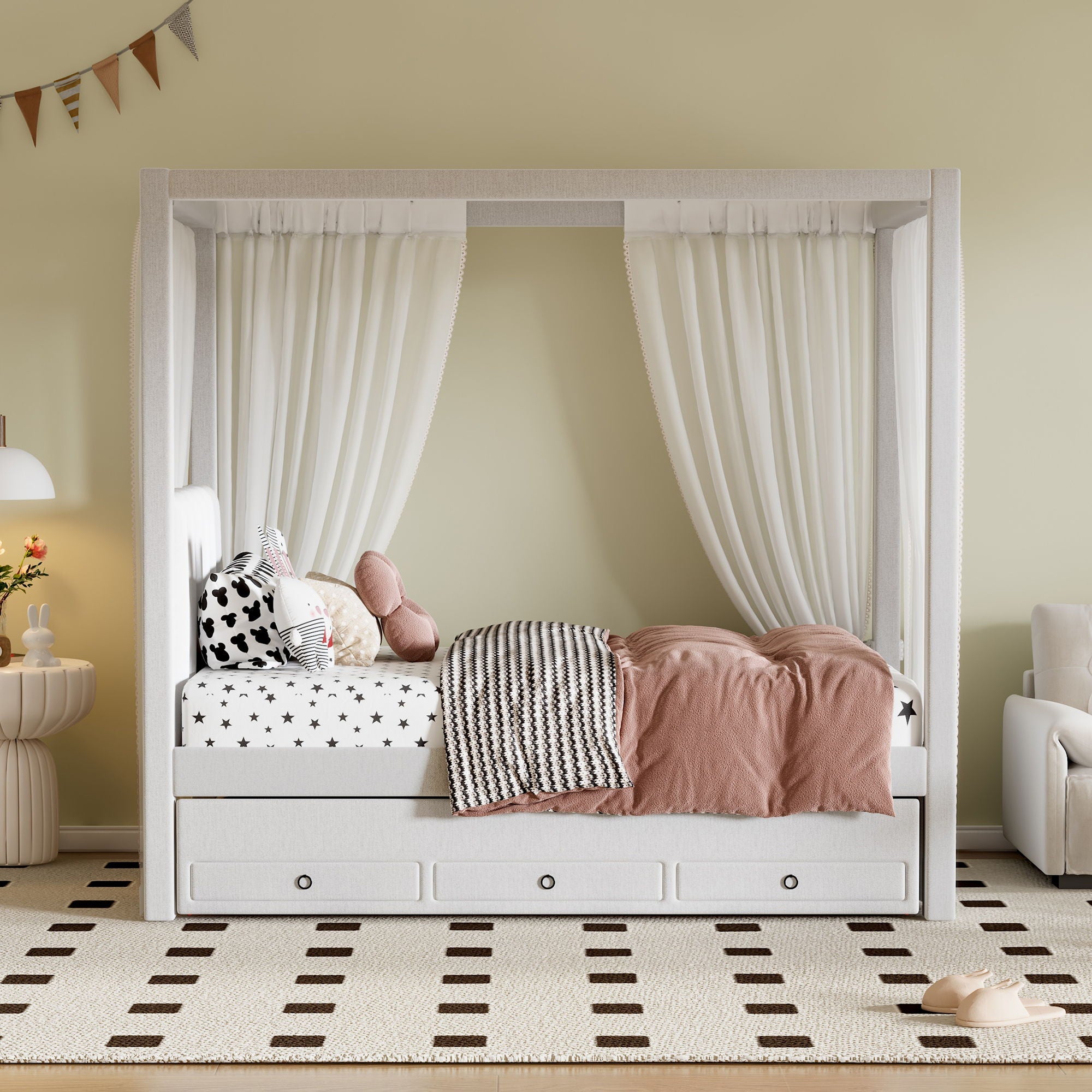 Upholstery Canopy Platform Bed With Trundle And Three Storage Drawers