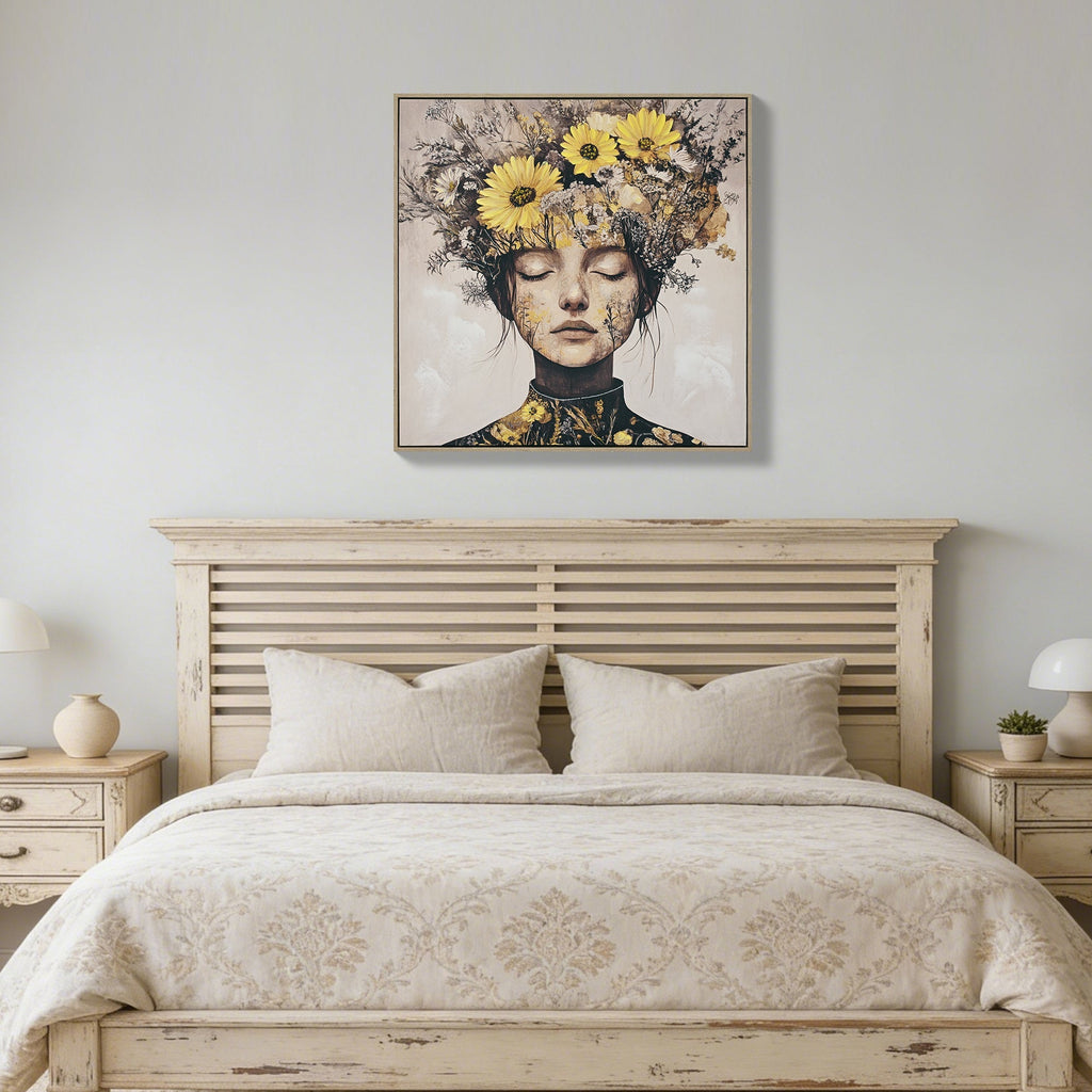 Beauty Lady Wall Art Gold and White Floral Canvas Artwork 24x24 Inch