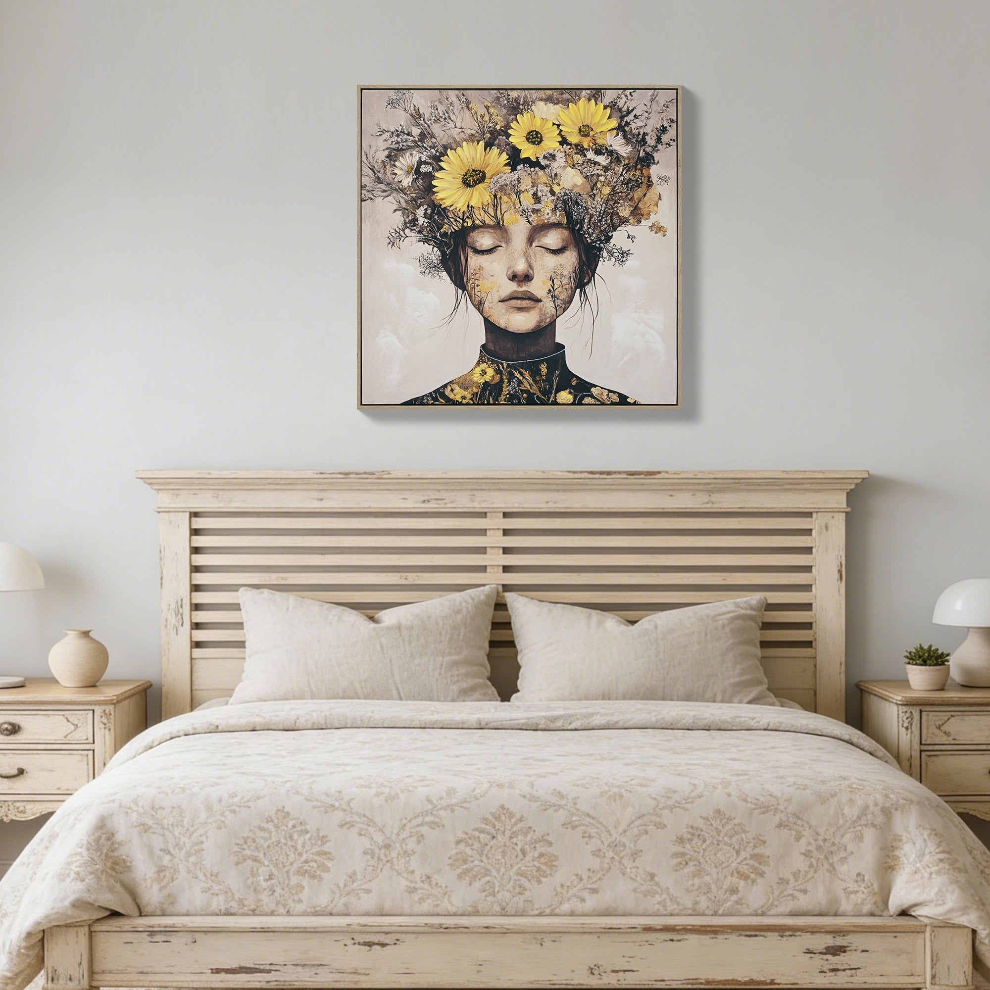 Beauty Lady Wall Art Gold and White Floral Canvas Artwork 24x24 Inch