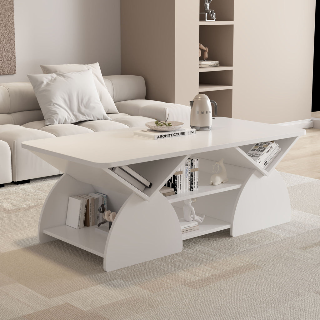 Geometric Engineered Coffee Table with Rounded Corners and Open Shelves