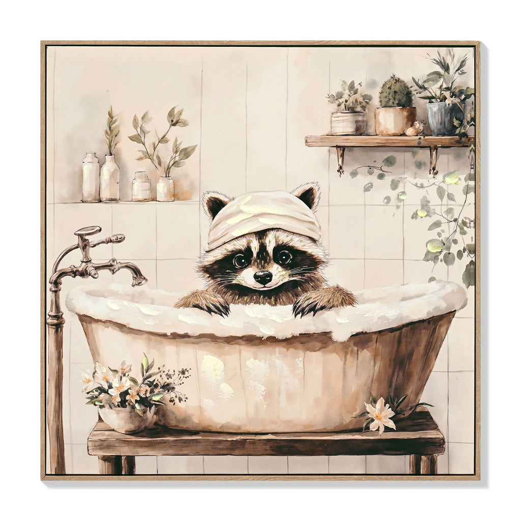 Raccoon Bathroom Canvas Wall Art, Framed - Black / Ivory