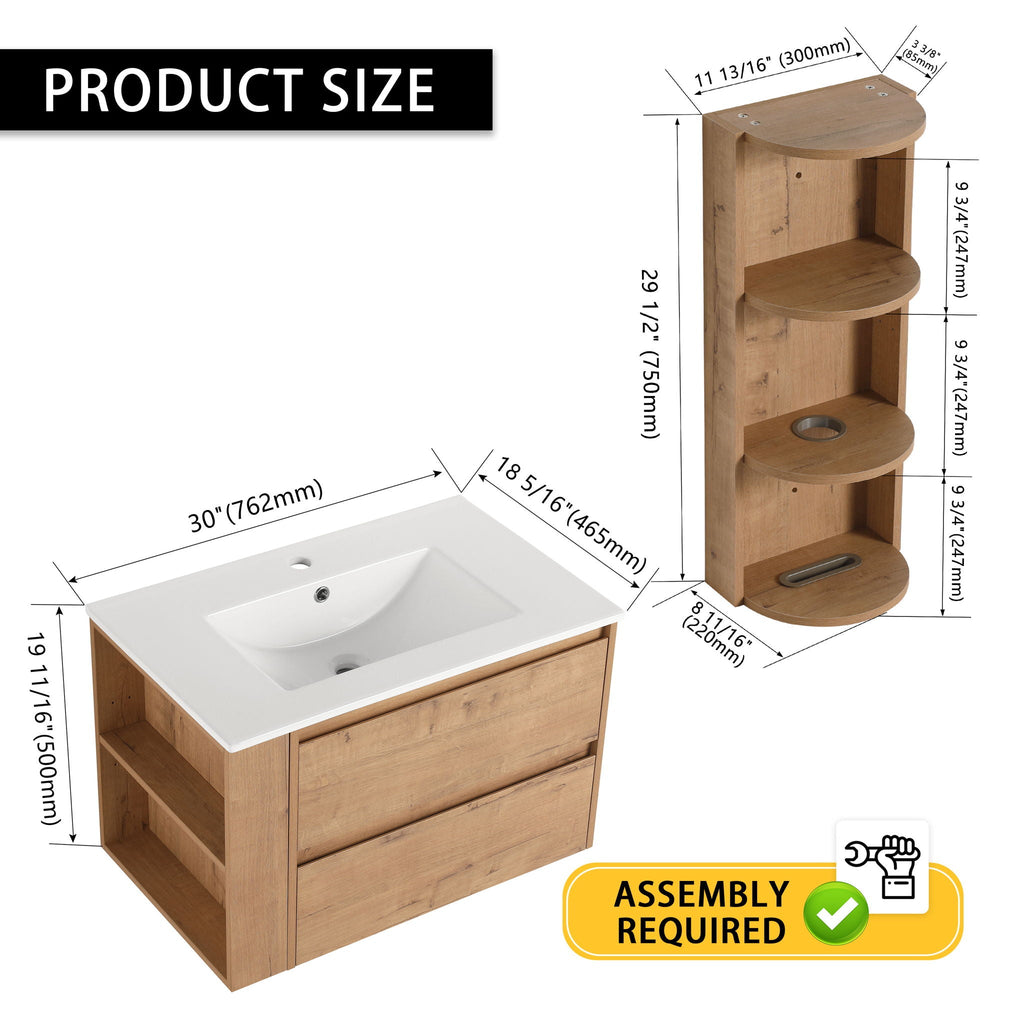 Modern Wall Mounted Bathroom Vanity with Ceramic Sink and Storage Rack
