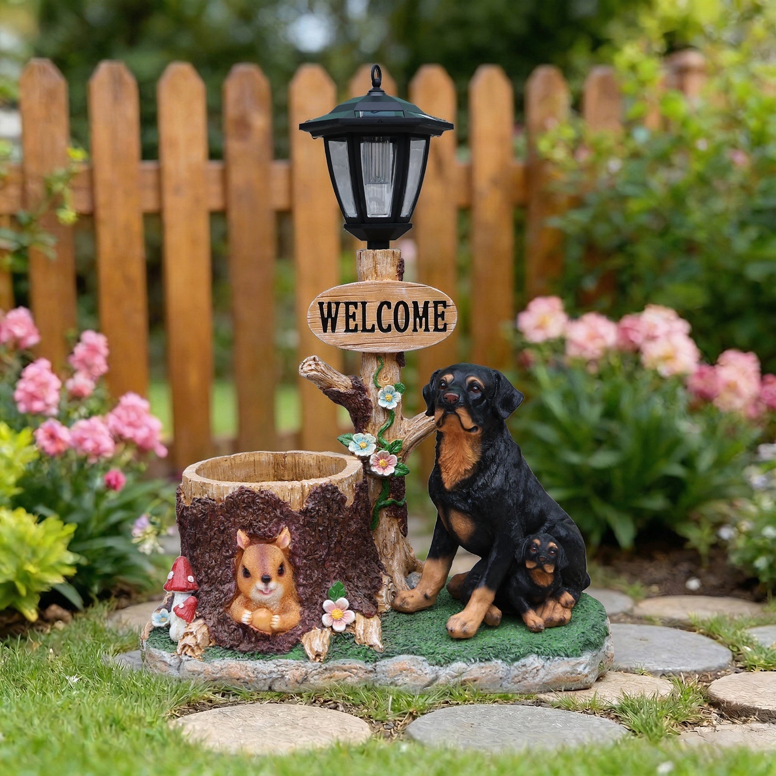 Rottweiler Dog Family Planter Statue