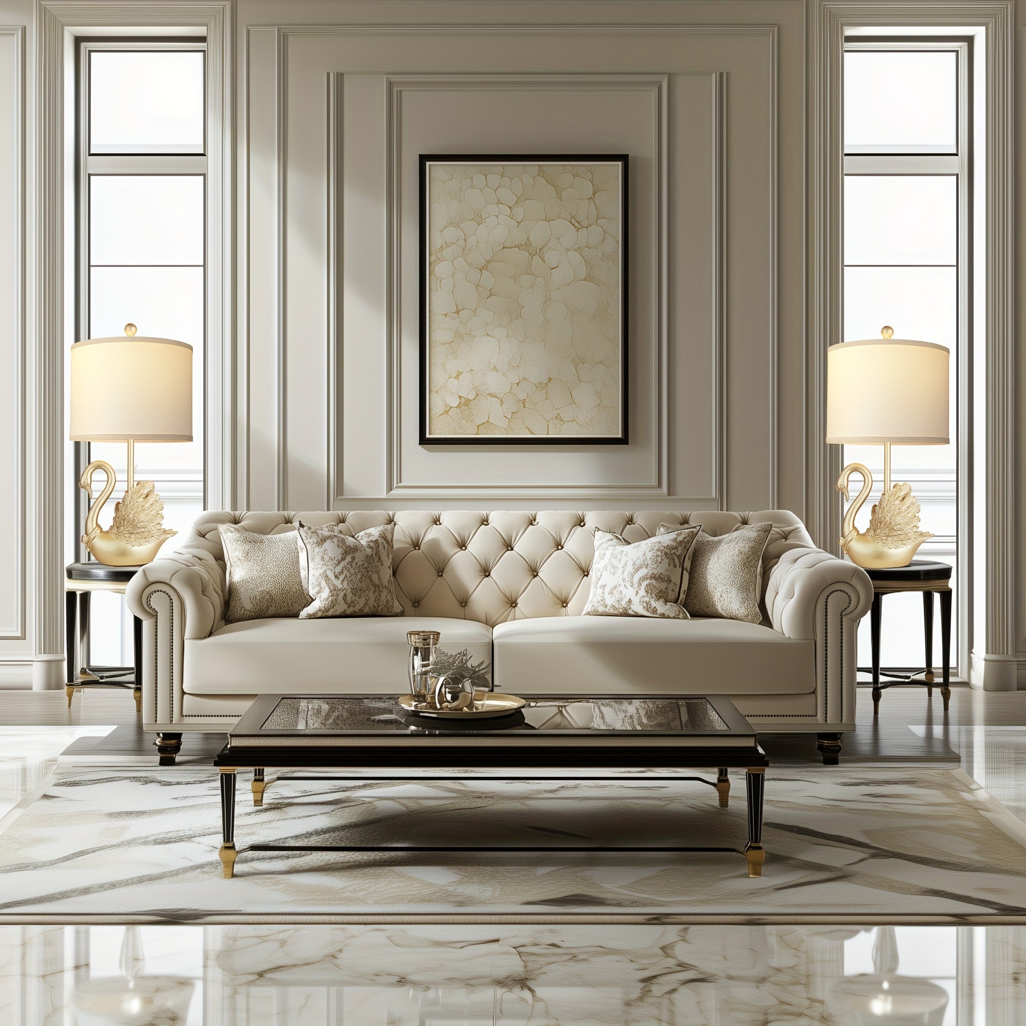 Two-Piece Set of Golden Brass Swan Table Lamps with LED Bulbs