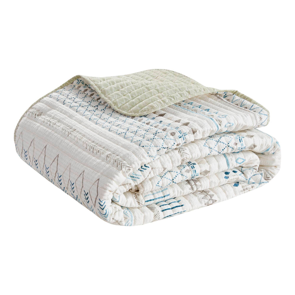 3 Piece Printed Microfiber Seersucker Quilt Set Taupe/Blue Full/Queen