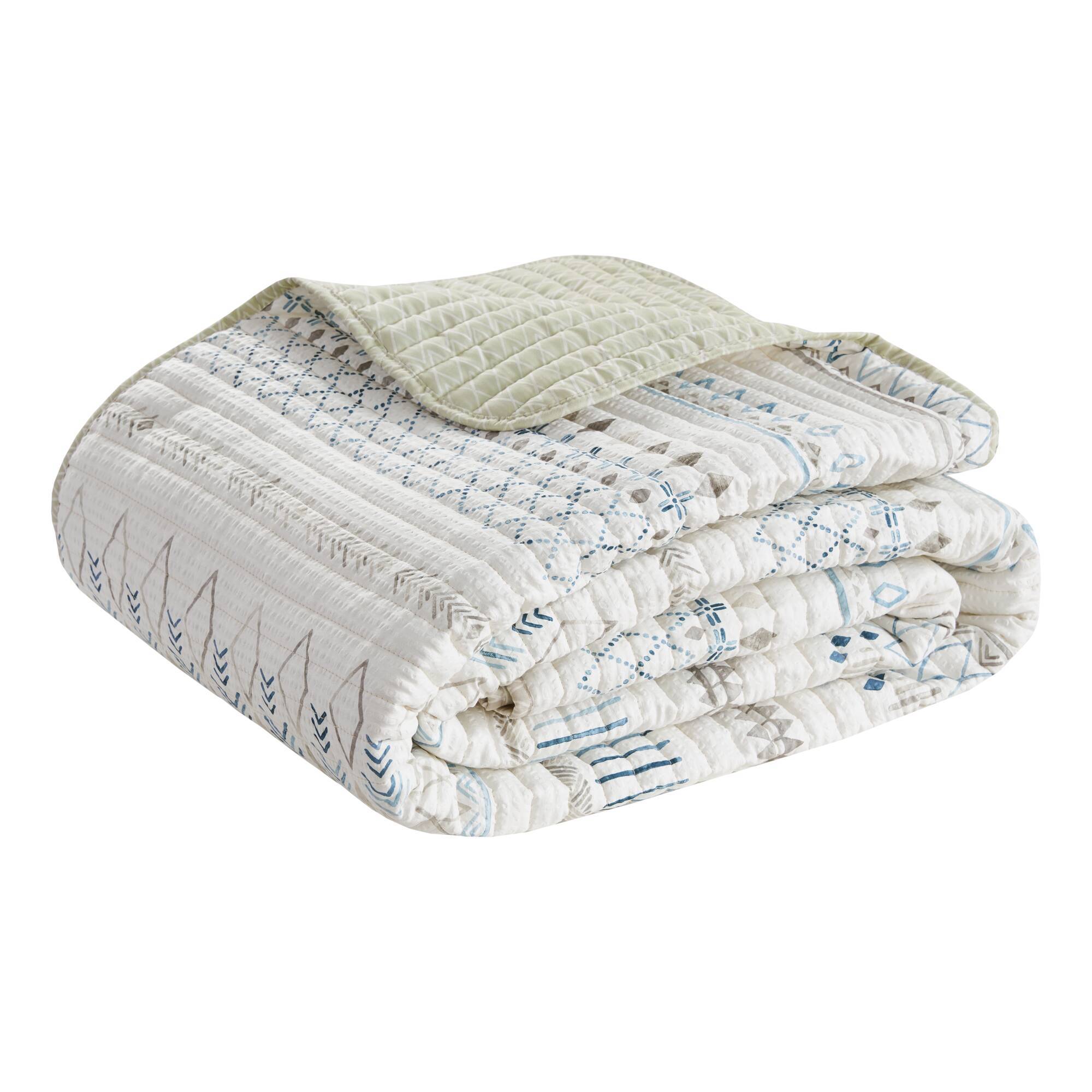 3 Piece Printed Microfiber Seersucker Quilt Set Taupe/Blue Full/Queen