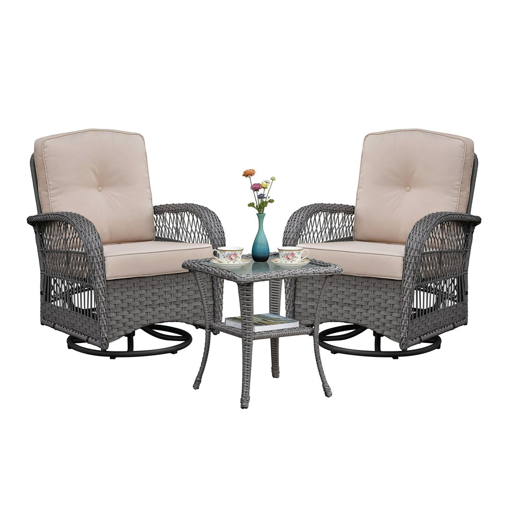 3 Pieces Conversation Set, Outdoor Wicker Rocker Swivel Patio Bistro Set, Rocking Chair with Glass Top Side Table, Grey