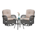 3 Pieces Conversation Set, Outdoor Wicker Rocker Swivel Patio Bistro Set, Rocking Chair with Glass Top Side Table, Grey