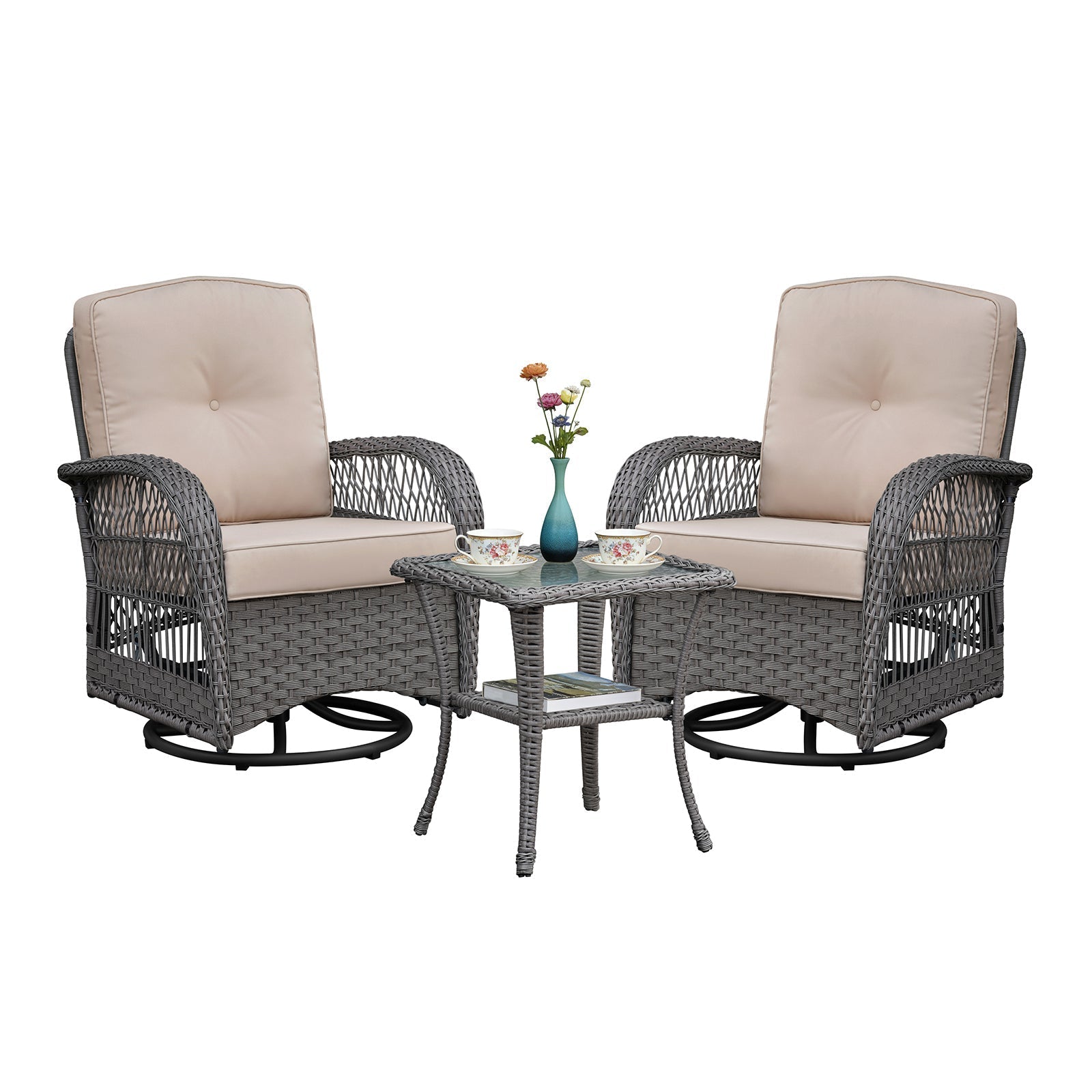 3 Pieces Conversation Set, Outdoor Wicker Rocker Swivel Patio Bistro Set, Rocking Chair with Glass Top Side Table, Grey