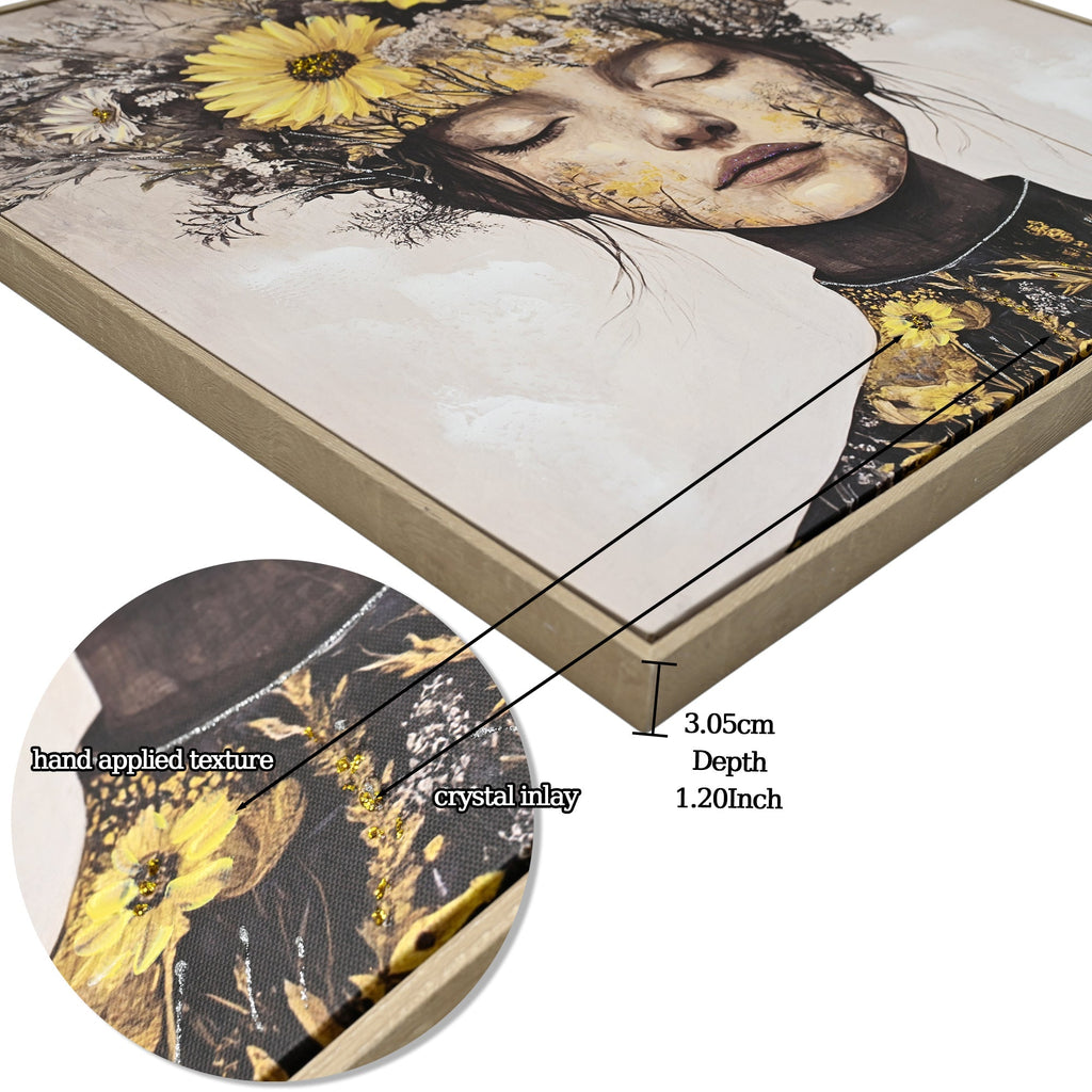 Beauty Lady Wall Art Gold and White Floral Canvas Artwork 24x24 Inch