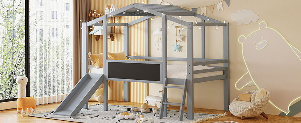 Loft House Bed With Ladder And Slide, With board And Light Strip On The Roof