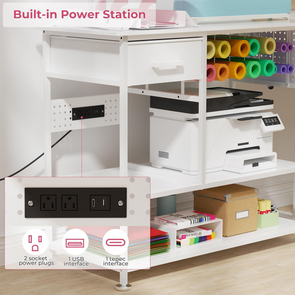 Large Heat Press Table With Charging Station, Movable Workbench For Diy Sublimation - White