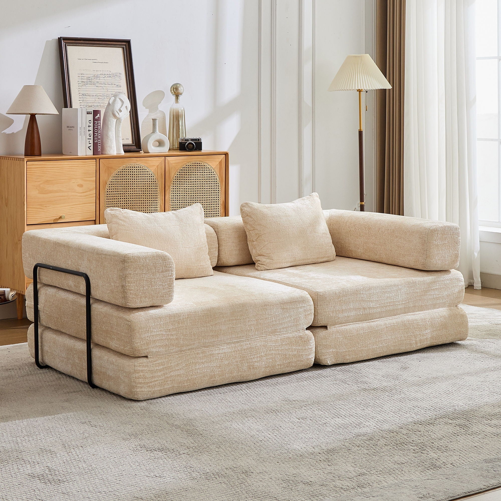 Convertible Floor Sofa Bed With Pillow Back Support Armrest