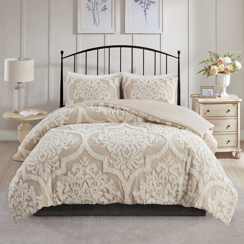 King/Cal King 3 Piece Tufted Cotton Chenille Damask Duvet Cover Set