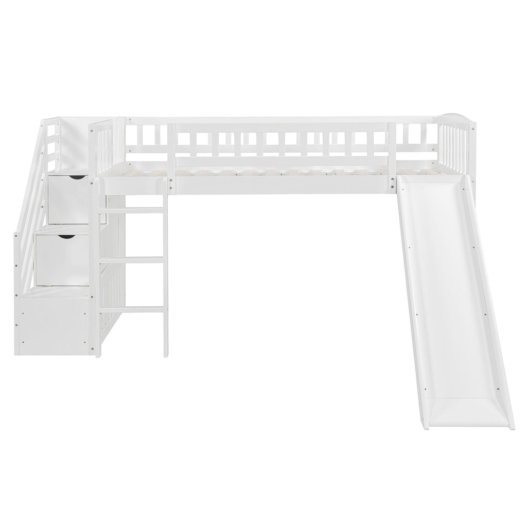 Loft Stairway Bed With 2 Drawers, Convertible Ladder And Slide