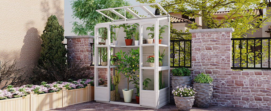 TOPMAX 78-Inch Wooden Greenhouse with Skylights and Folding Shelves
