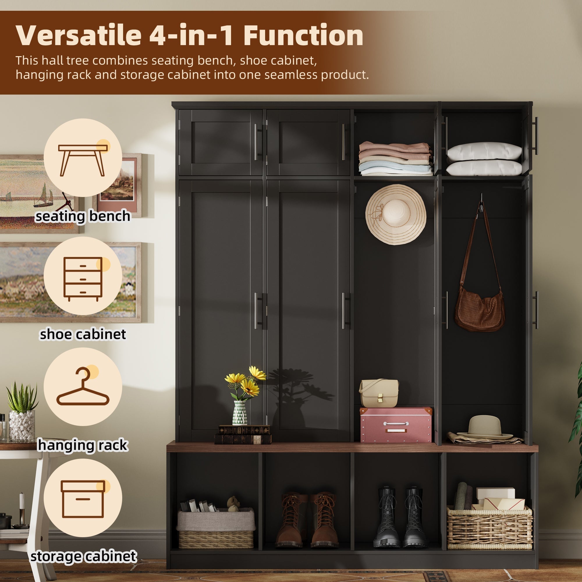 Farmhouse Hall Tree with 4 Hidden Hanging Hooks and Storage Bench