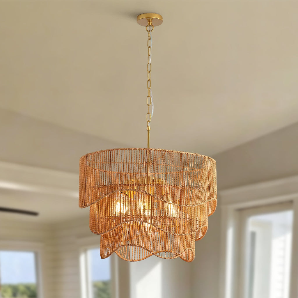Handwoven Paper Rattan Boho Chandelier with 7-Light E26 Base