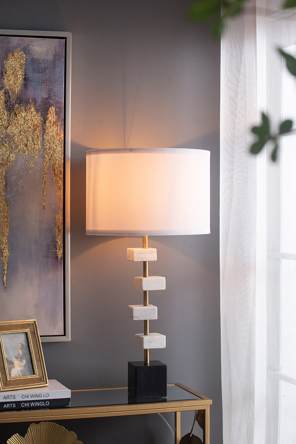 D15x30' Table Lamp with White Marble and Brass Frame