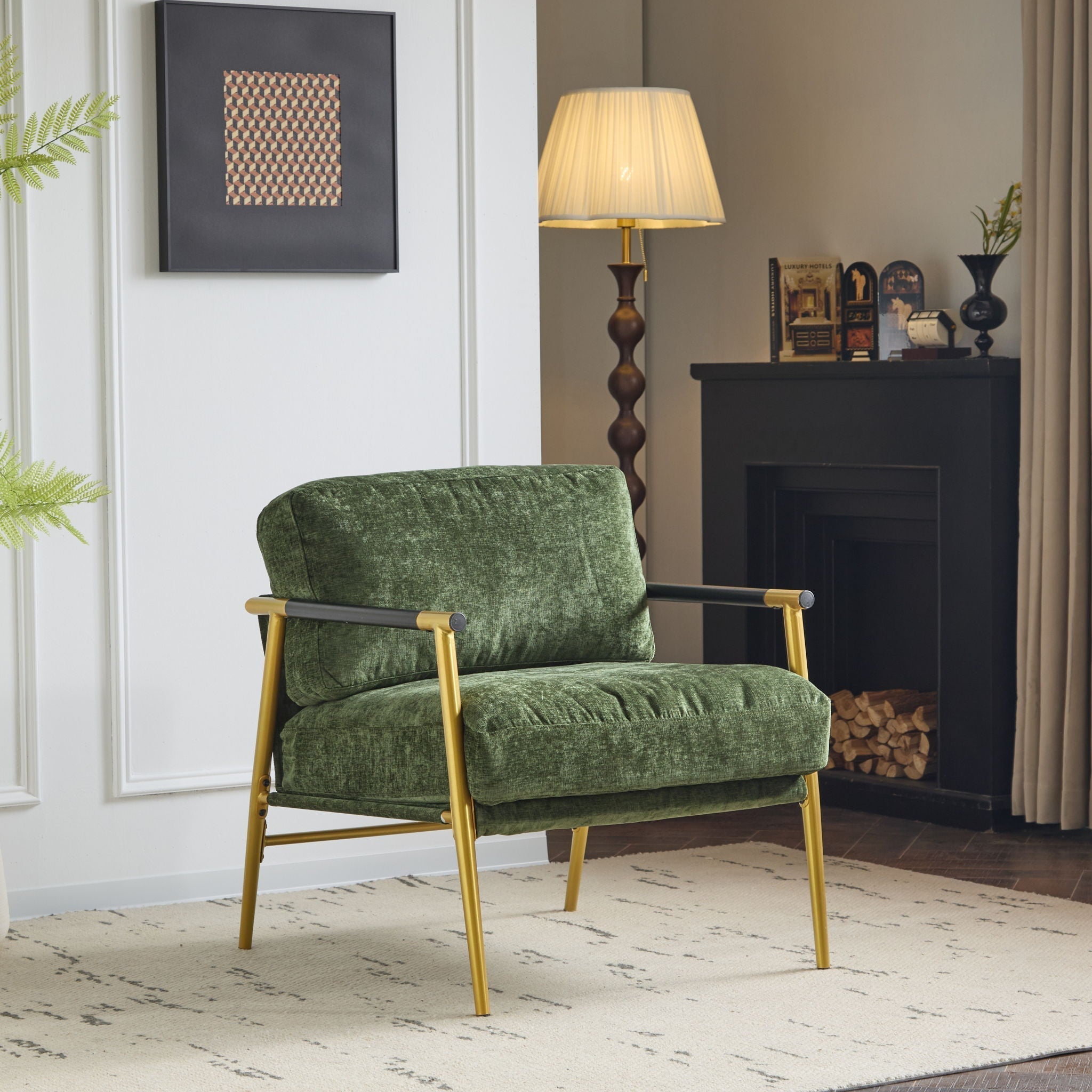 Modern Accent Chair With Plush Cushions and Wooden Armrests