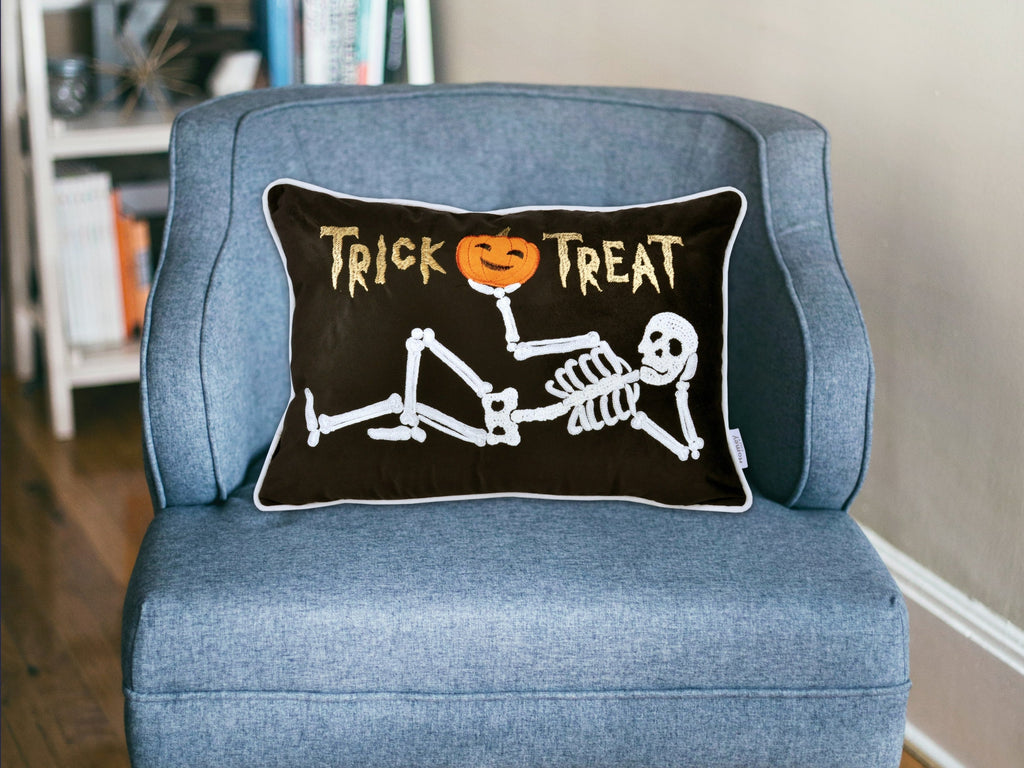 Embroidered Velvet Halloween Skeleton Lumbar Pillow