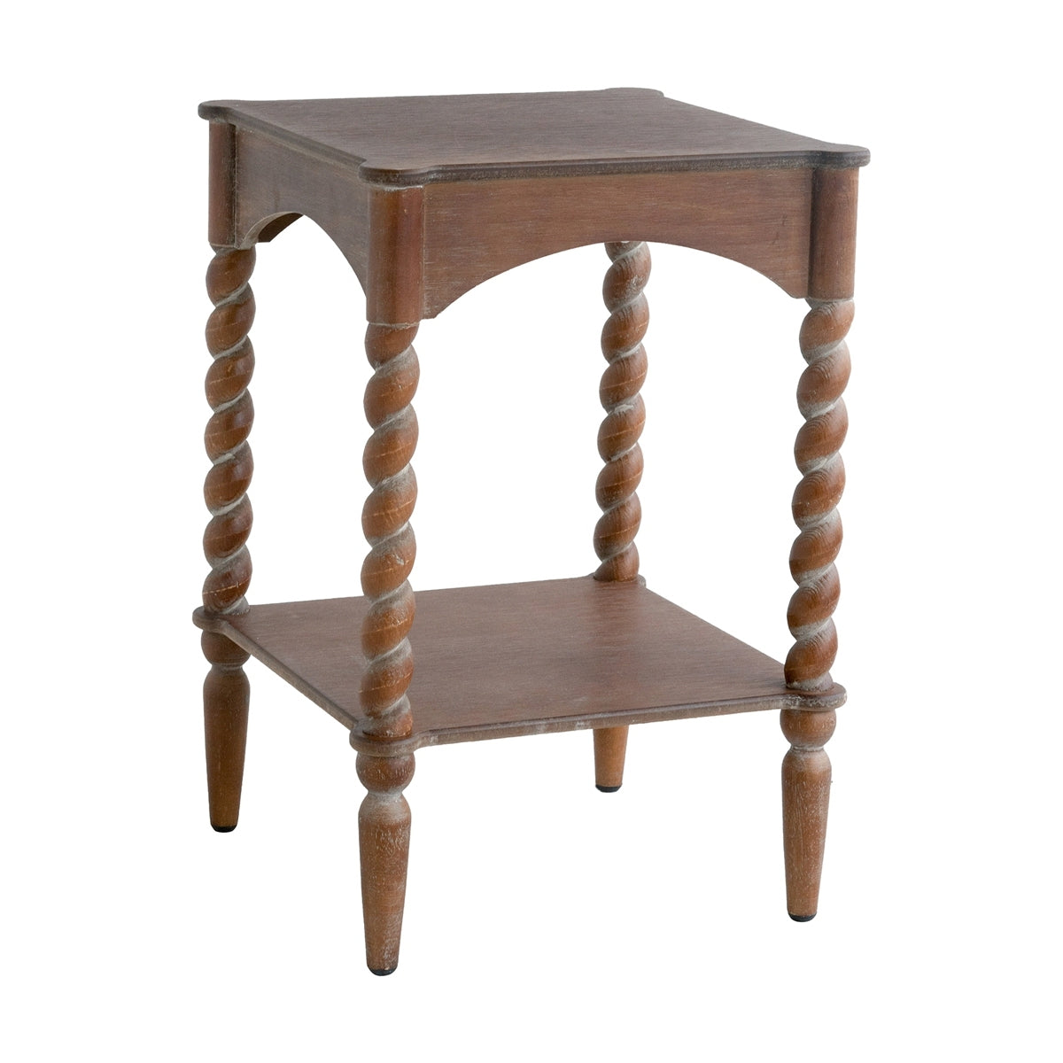 15.5x15.5x23.5' Distressed Brown Wood Side Table with Turned Spiral Legs and Lower Shelf