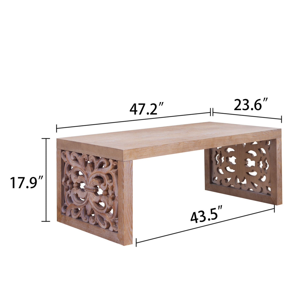 Rustic Carved Wood Coffee Table, Handcrafted Look With Ornate Side Panels